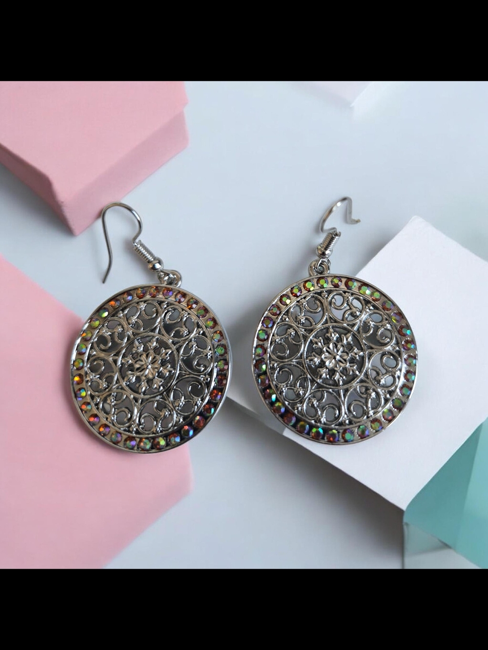 Silver Filigree Round Dangle Earrings with Iridescent Stones